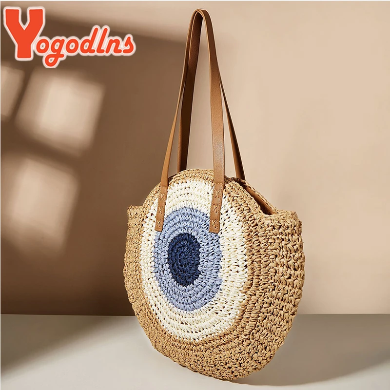 Yogodlns Summer Straw Bag Women Round Beach Bag Woven Handmade Rattan Shoulder Vacation Large Capacity Handle Bolso Sac