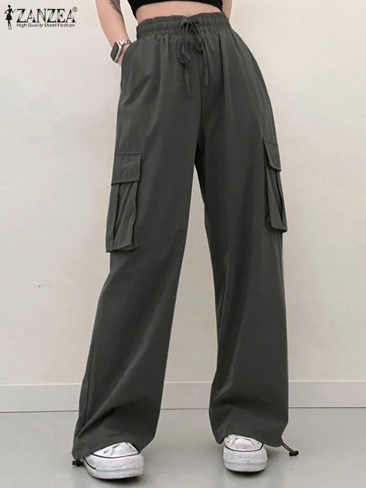 

ZANZEA 2023 Straight Trousers Vintage Cargo Pants Women Fashion Pockets Overalls Baggy Wide Leg Elastic High Waist Pantalons