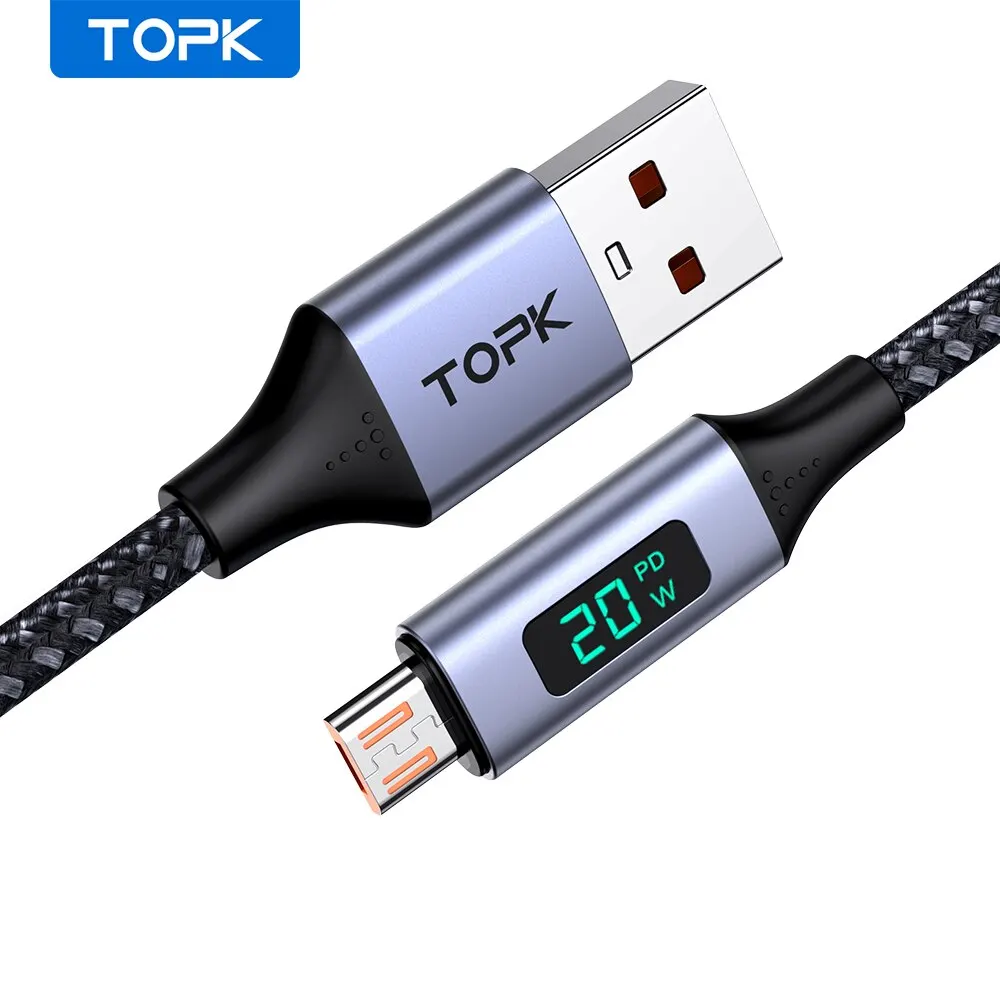 Topk כבל USB מסוג c כבל 3a עבור Samsung xiaomi טעינה מהירה usb עם כבל טלפון נייד תצוגה דיגיטלית