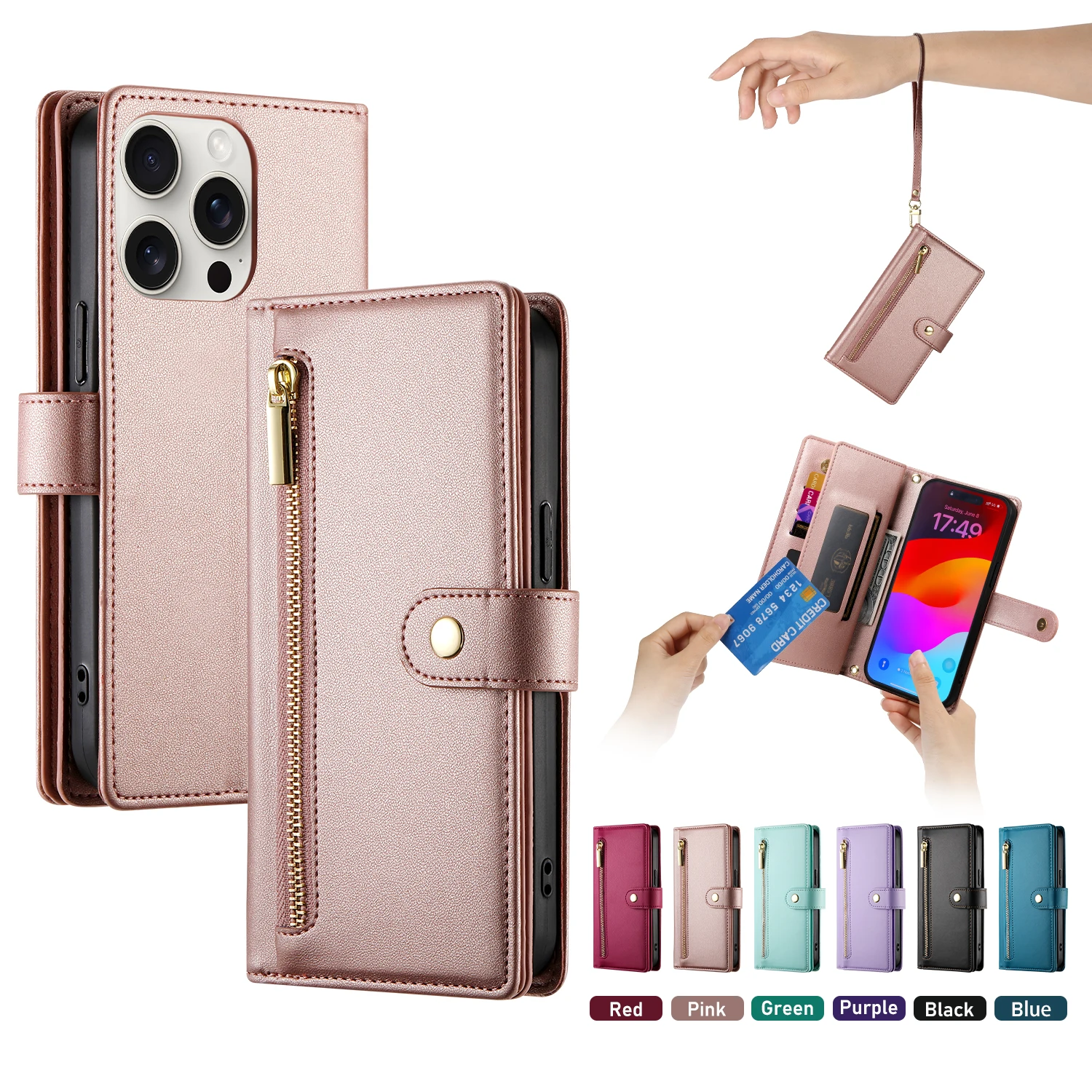 Étui portefeuille en cuir à fermeture éclair pour iPhone 15 Pro Max 16 14 Plus 13 12 11 SE4 XS MAX avec lanière et poche pour cartes_voghion.com