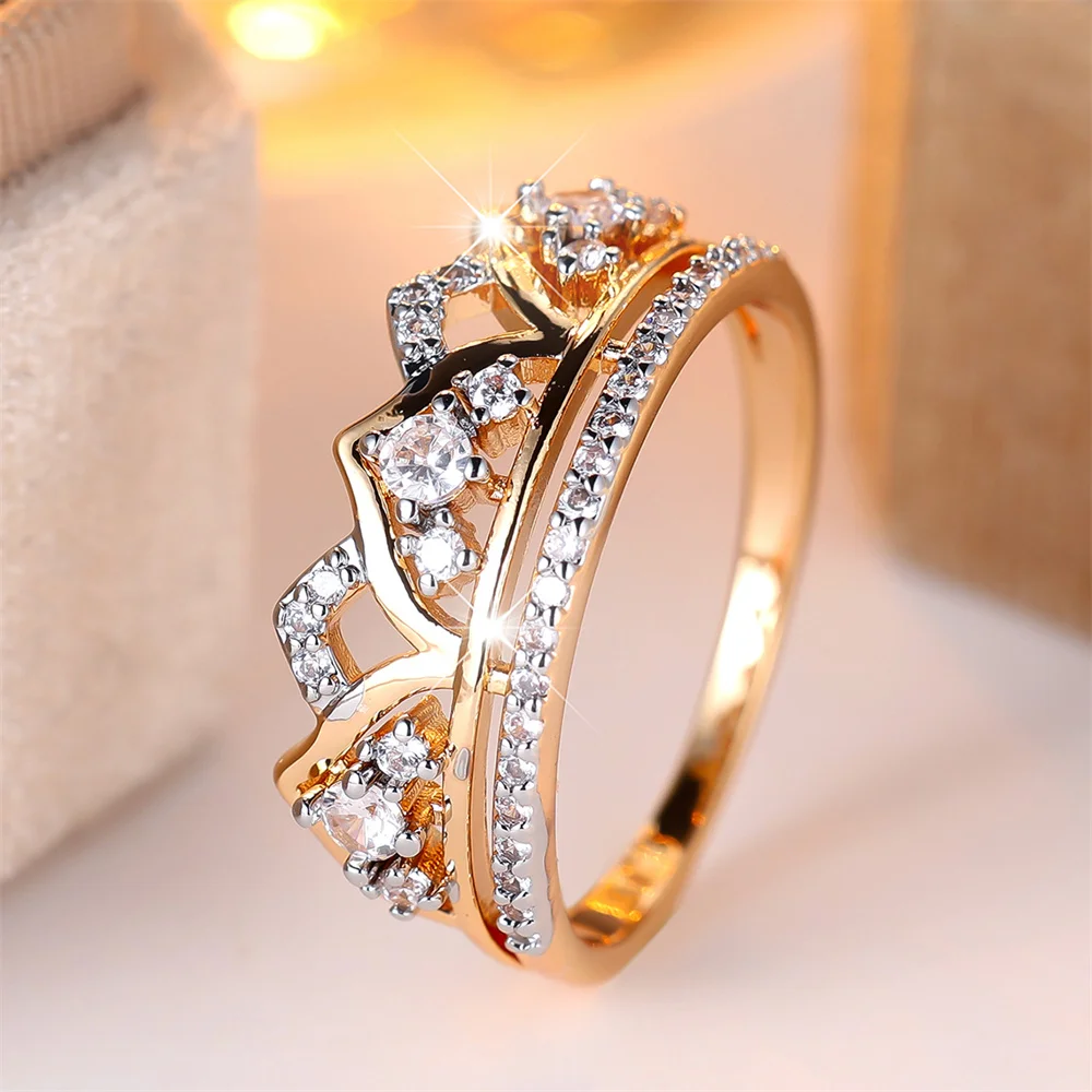 White Zircon Luxury Crystal Queen Crown Rings For Women Vintage Gold Color Engagement Ring Wedding Jewelry Bridal Birthday Gifts