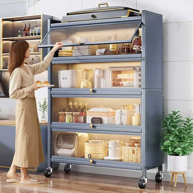 Multifunction Storage Cabinet Nordic Carbon Steel Kitchen Cabinets Home Multi-layer Microwave Oven Floor Rack with Flip Door H 2