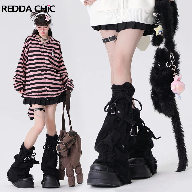ReddaChic Acubi 패션 여성용 레그 워머, 블랙 데님 크로스 스티치 벨트 붕대, 무릎 긴 양말, Y2k 일본 소녀 부츠 커버