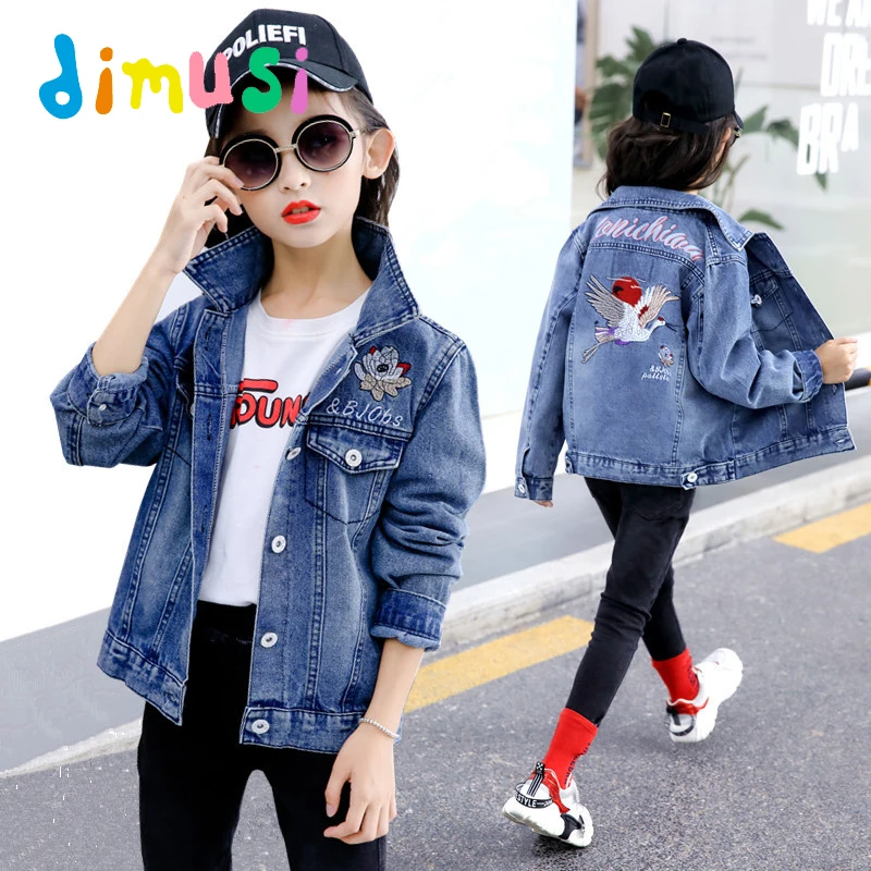 

DIMUSI Spring Girl's Denim jackets Fashion Girls Ripped denim Coats cotton windbreak outwear children jacket kid Clothing 6Y-14Y