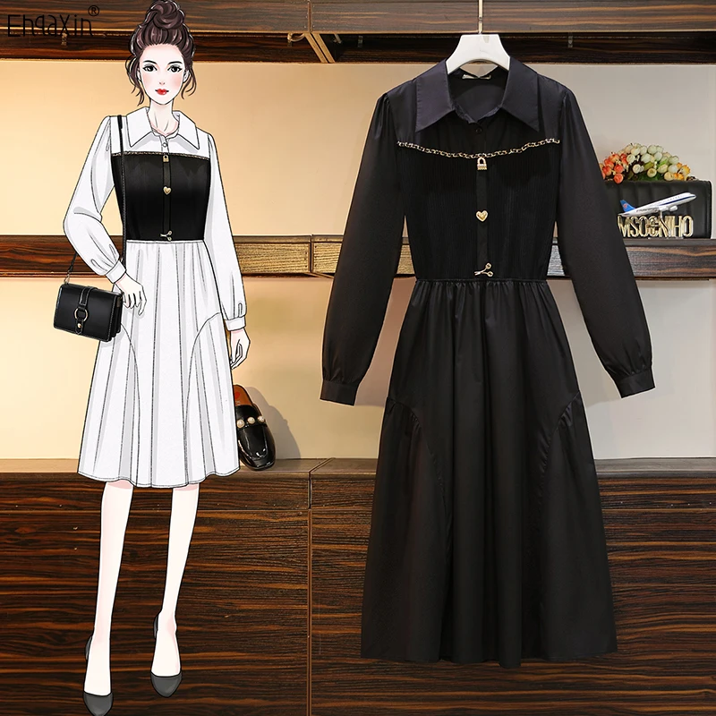 

EHQAXIN Autumn Winter Women's Dress Fashion 2022 French Knitted Patchwork Chain Shirt Casual Long Dresses For Ladies L-4XL
