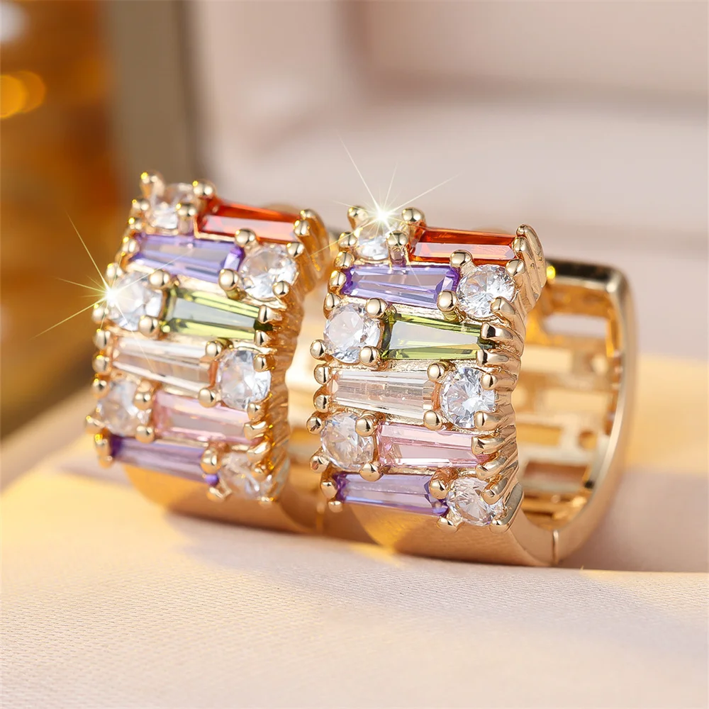 Multicolor Zircon Rainbow Small Stone Round Hoop Earrings For Women Vintage Gold Color Ear Buckle Wedding Jewelry Valentine Gift