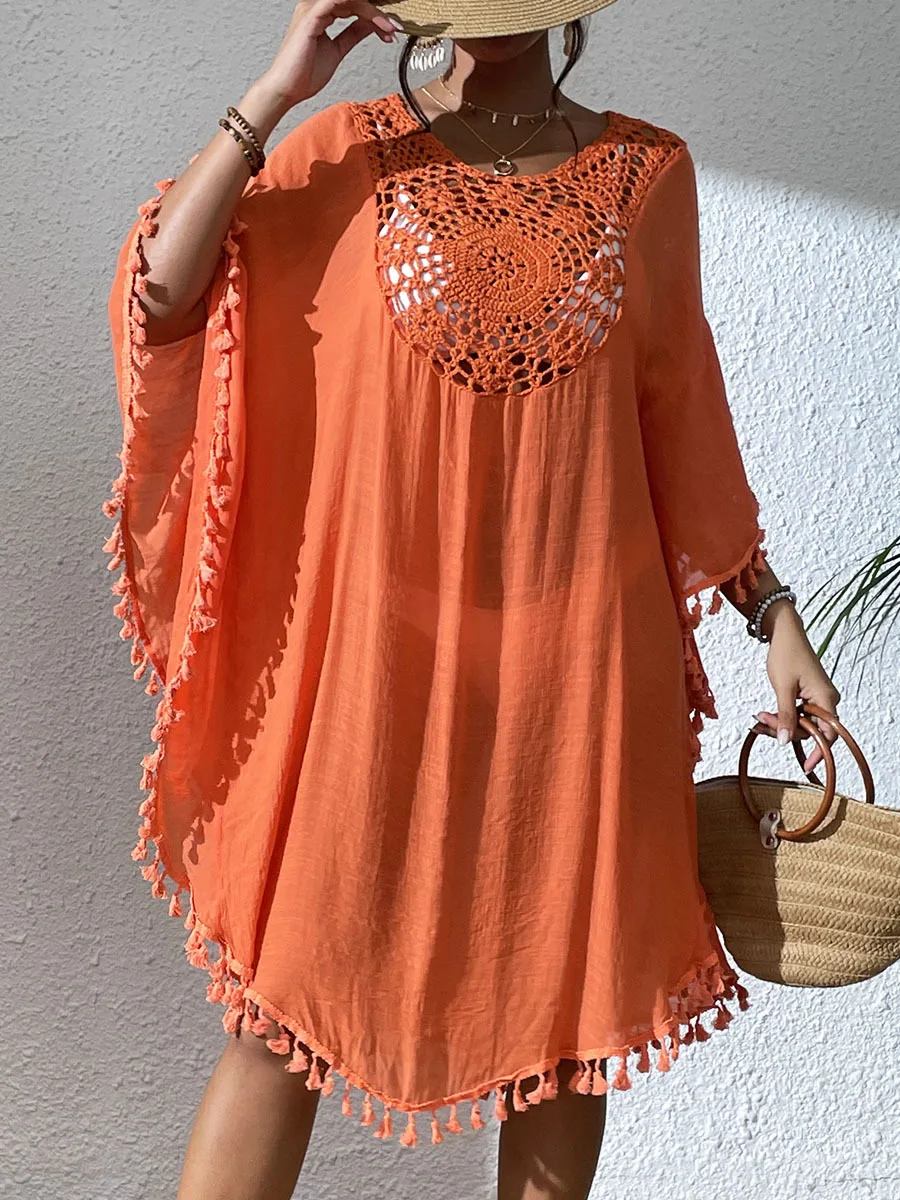 Fringed Bikini Cover Up Comfortable Loose Fit Blouse Stylish Fringed Beach Cover Up Dress For Women O-neck Half Sleeve Swimsuit