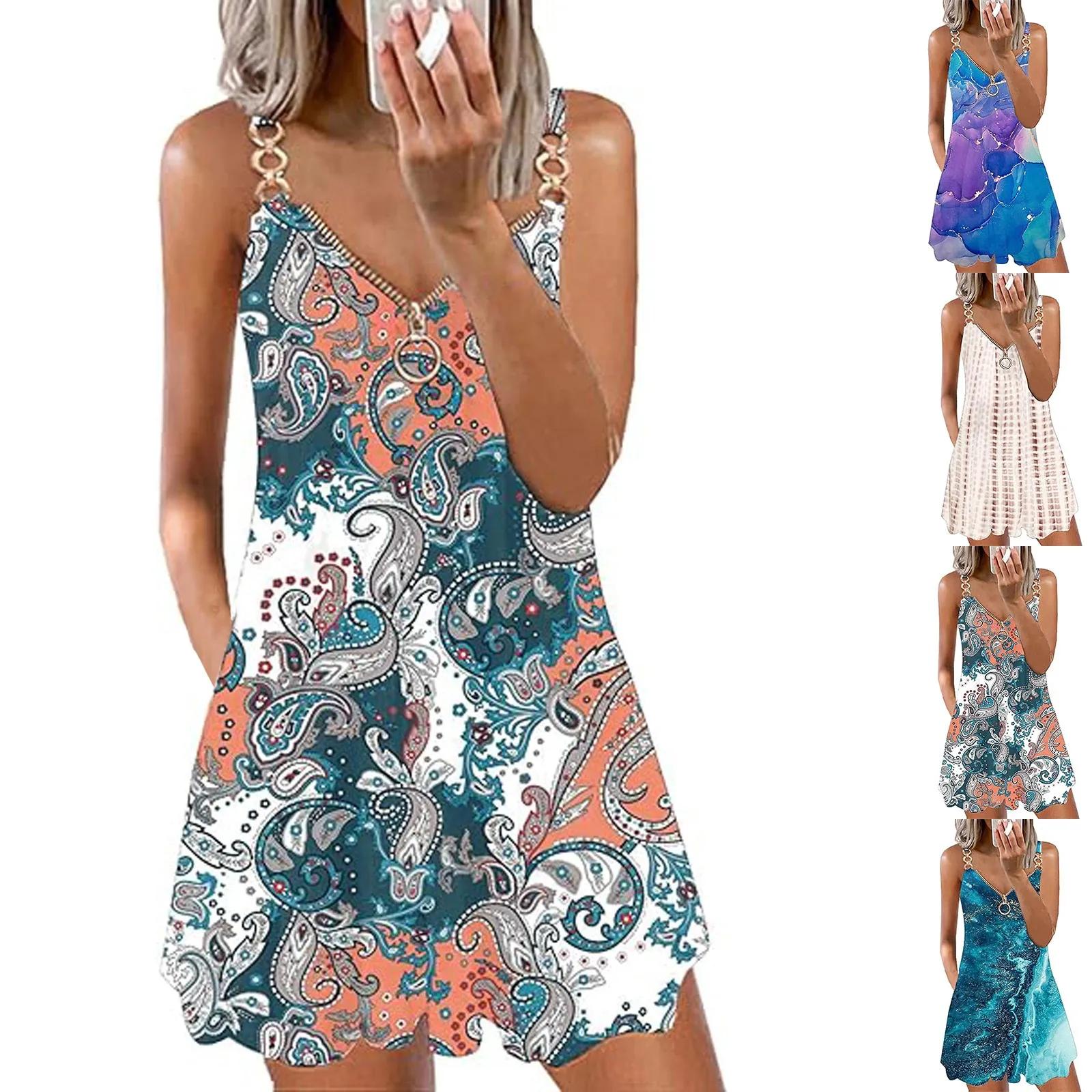 

Women Summer Dresses Boho Floral Print Beach Dress V Neck Sleeveless Spaghetti Strap Sundresses With Pockets Vestido Feminino