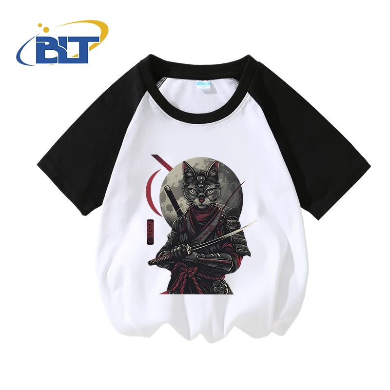 

Cat Ninja printed kids pure cotton T-shirt summer contrast short-sleeved casual tops for boys and girls