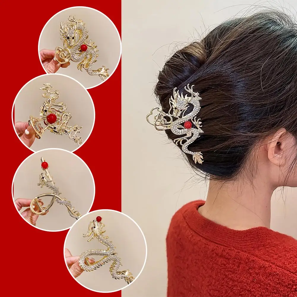 Chinese Dragon Year Hair Clips Hair Accessories for Women Girl Red Bead Metal Rhinestone Claw Pin Fashion Jewelry