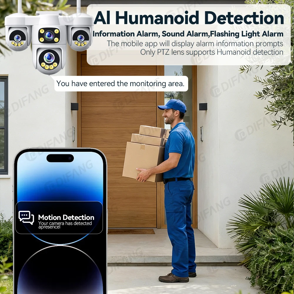 DIFANG New 20MP WiFi Home Surveillance Camera 4 Lens 4 Screen 6 Motor 3 PTZ 5X Zoom Wireless Security Outdoor IP CCTV O-Kam Pro 5
