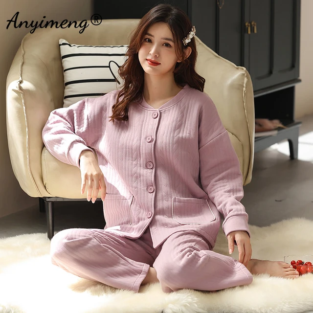 New Winter Three Layer Cotton Pajamas Set Thick Purple Sleepwear Pajama  Cardigan Nightwear Women Sweatshirt 3XL Pijamas for Girl - AliExpress