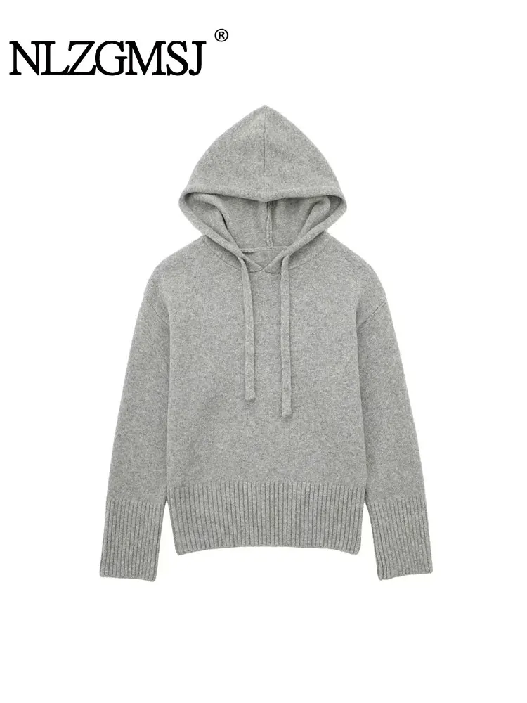 

Nlzgmsj TRAF Knit Hooded Sweatshirt Women Coat 2023 Autumn Long Sleeve Sweater Coat Female Crop Top Y2K