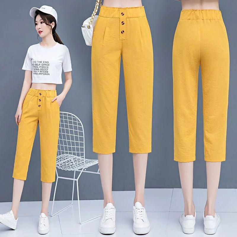 2023 Summer Women Pants Capris New Casual Elastic High Waist Pocket Pants Loose Solid Color 3/4 Trousers Office Clothes