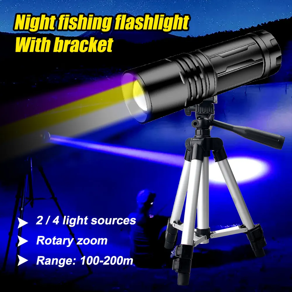 

4 Light Sources Blue White UV Yellow Light LED Flashlight USB Adjustable Focus Fishing Torch Emergency Light with Stand
