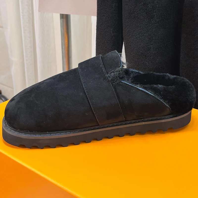 

Slippers Women Autumn Winter New Kid Suede Upper Platform Design Round Toe Solid Flat Slippers Concise Versatile Female Shoe