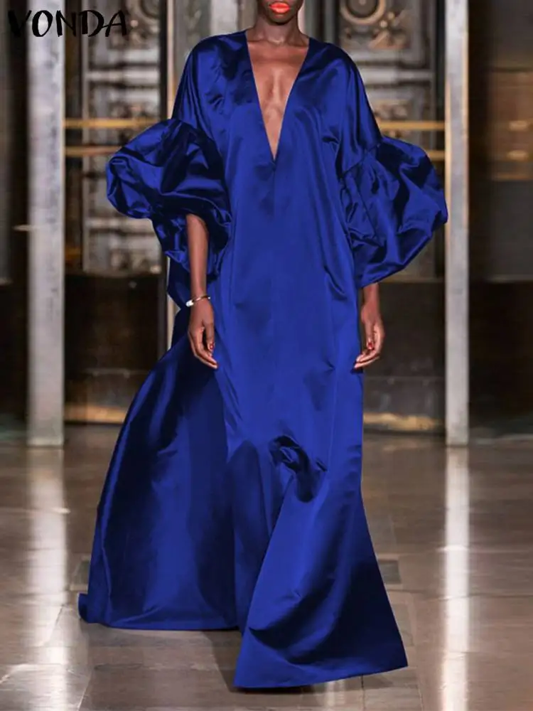 

VONDA Summer Elegant Party Maxi Dress 2023 Women Lantern Sleeve Solid Satin Evening Sundress Casual Loose V-Neck Bohemian Robe