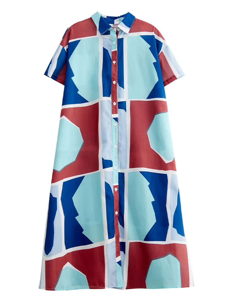 2025 Spring Summer New Vintage Print Shirt Dresses For Women Short Sleeve Loose Casual Midi Dress Robe Fashion Elegant Clothes