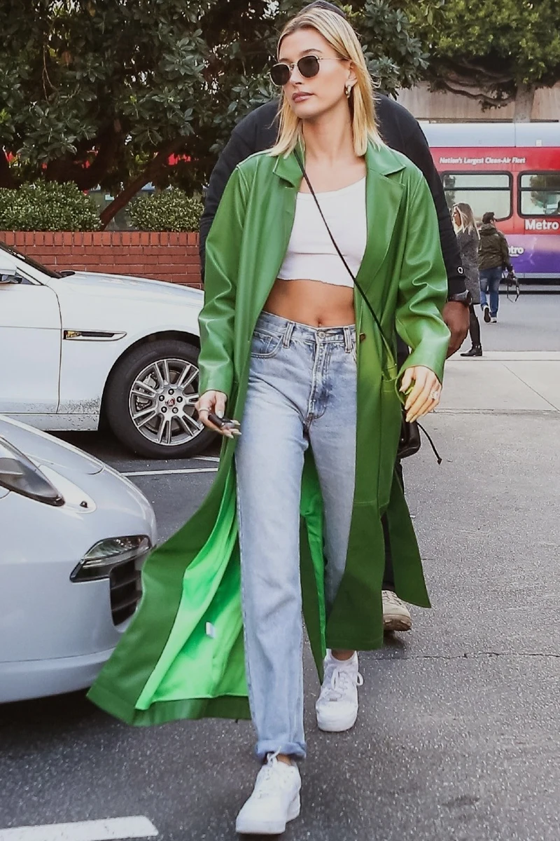 

2024 Autumn Extra Long Green Leather Trench Coat for Women Long Sleeve Sashes Single Breasted Maxi Overcoat Streetwear