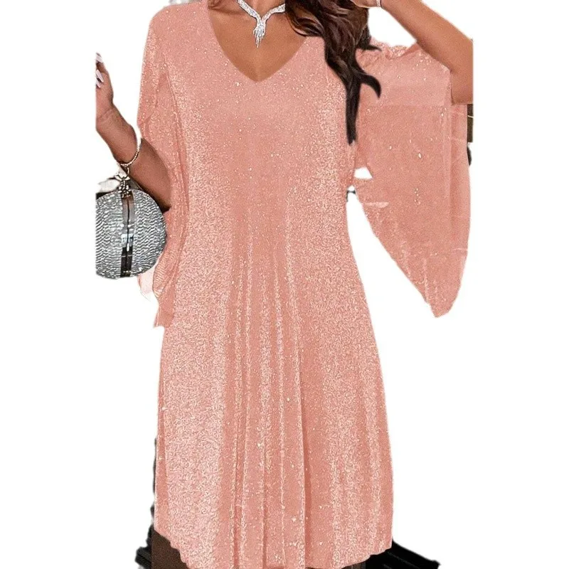 Bright Sequin Dresses Women V-neck See Through Chiffon Patchwork Irregular Half Sleeves Loose Mini Dress Female Vestidos 2024 5