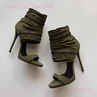 Sandales enveloppantes à la cheville en daim vert émeraude foncé pour femmes, talon aiguille ouvert, bout rond, talons de poussin chaud, fermeture éclair en métal, chaussures de Style de rue Cool 2