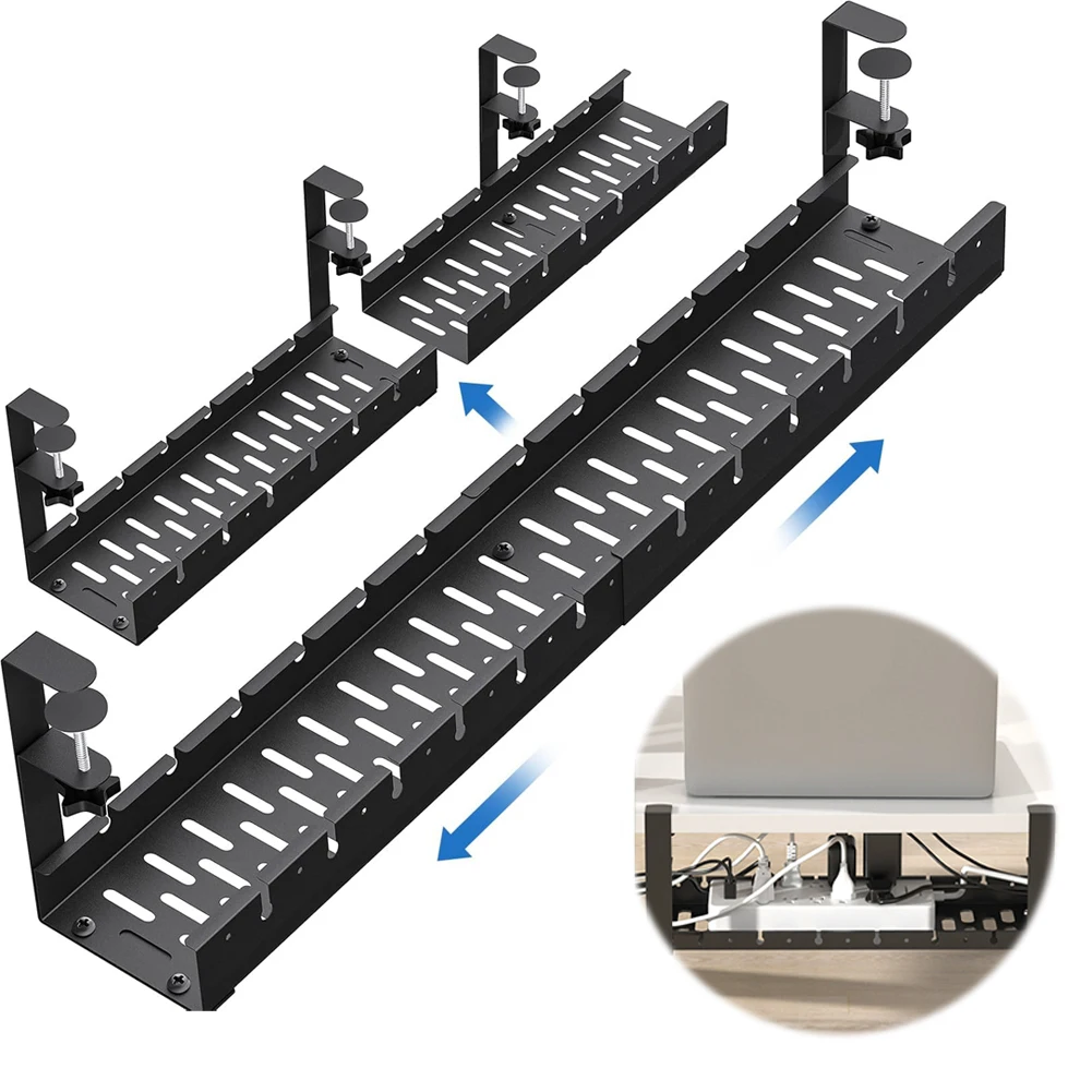 Under Desk Cable Management Tray Retractable Under Desk Cable Shelf Heavy Duty Wire Management Rack for Cords Wires Power Strip 3
