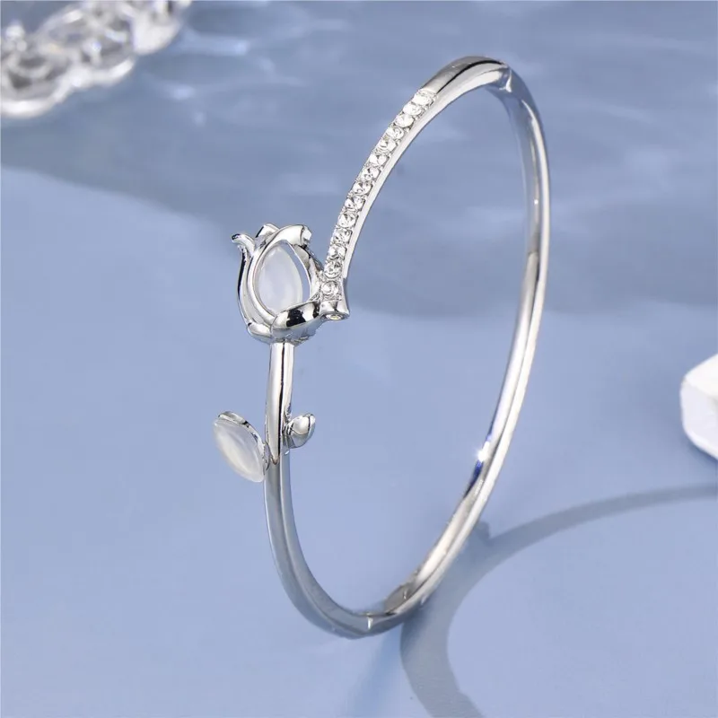 Elegant Opal Stone Zircon Tulip Cuff Bangle for Women Light Luxury Rose Flower Bangles Wedding Jewelry Gifts