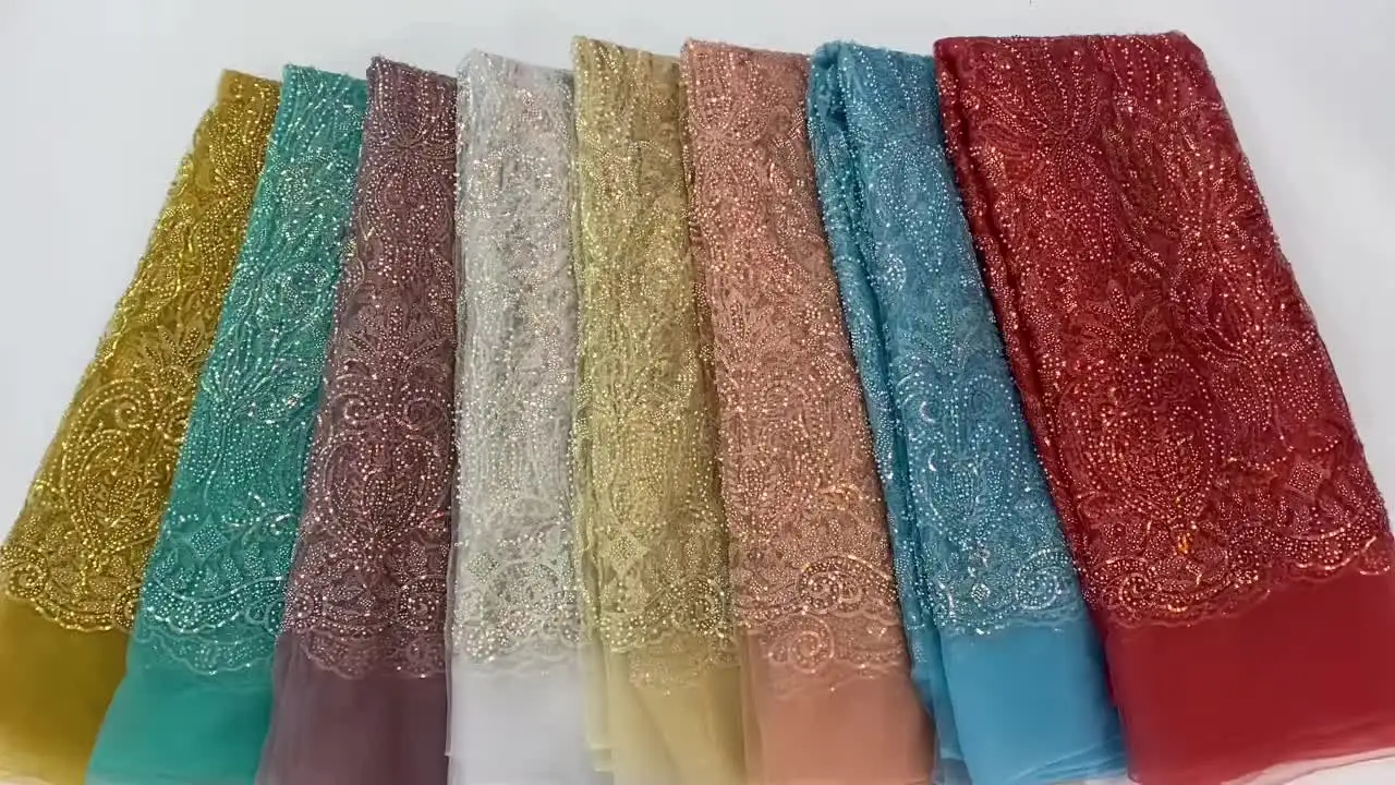 African New Arrival Luxury Sequins 5 Yards Mesh Fabric 2022 French High Quality Handmade Beaded Tulle Lace Women Dinner Dress