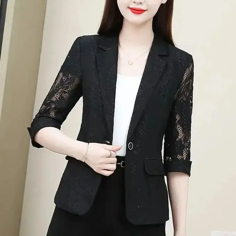 2023 New Spring and Summer Fashion Commuting Simple Temperament Lace Hollow Out Jacquard Casual Versatile Women's Suit Blazer
