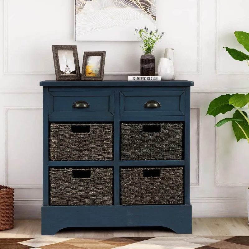 Rustic Storage Cabinet Cabinet with 2 Drawers and 4 Classic Fabric Basket for Kitchen/Entryway/Living Room, Antique Navy 2