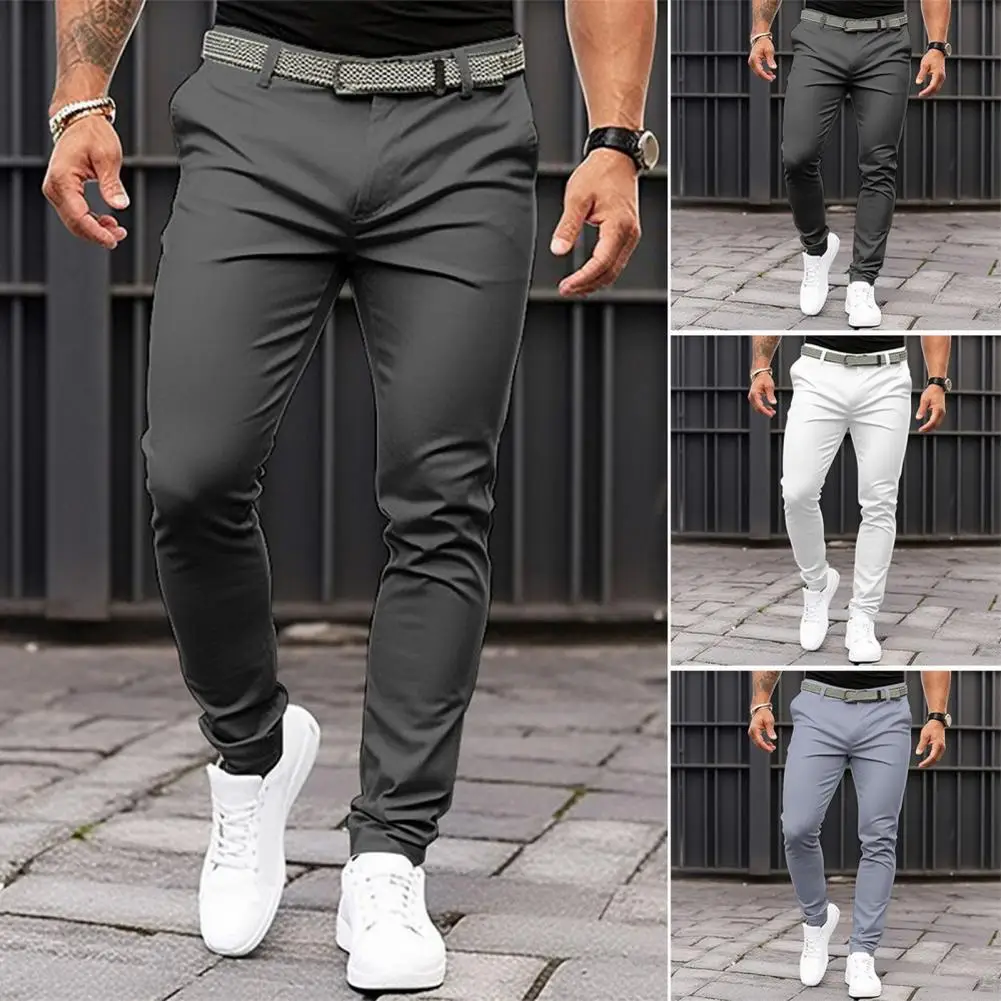 

Men Solid Color Suit Long Pants Mid-rise Slant Pockets Zipper Fly Slim Fit Business Office Trousers Fine Sewing Pants Workwear