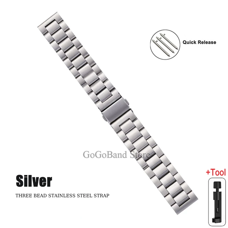 Premium Stainless Steel Watch Band, 20mm/22mm, Metal Strap, Silver/Black Finish