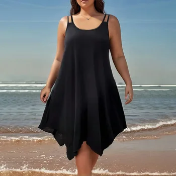 Plus-size solid-color asymmetric hem dress with straps