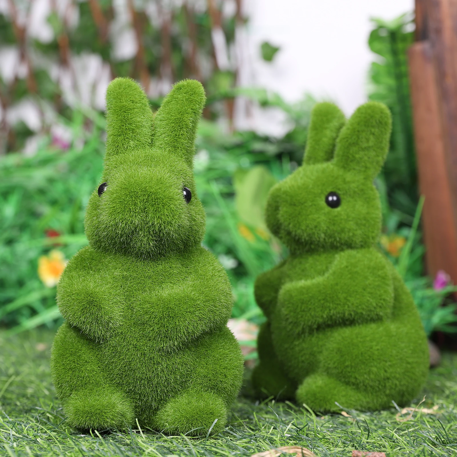 Flocked Bunny Statue Decorative Artificial Moss Rabbit Figure