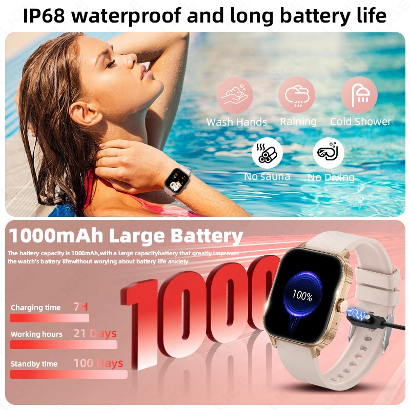 LIGE 1000mAh Battery Women Smartwatch Men Waterproof Heart Rate Sports 2.01-Inch HD Bluetooth Call Smart Watch For iOS Android