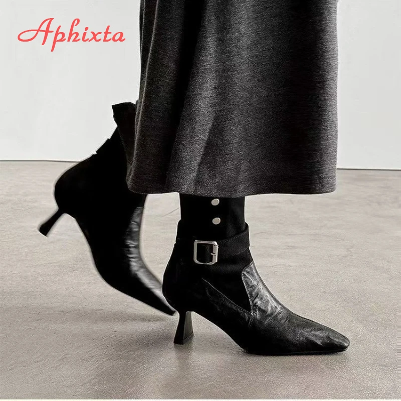 Aphixta High Heels Women Ankle Boots Elegant Metal Decoration Woman Modern Boot Side Zipper Sexy Soft Leather Women's High Boots