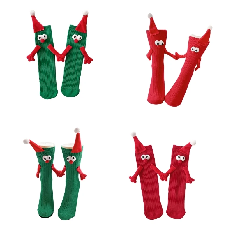 

Funny Christmas Hand Holding Middle Tube Socks with 3D Santa Hat for Adult Kids