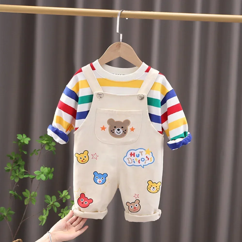 

Spring Autumn Baby Boy and Girl Clothes 2 Pcs Suit Long Sleeve Cartoon beer Tops and Suspender Trousers For Children