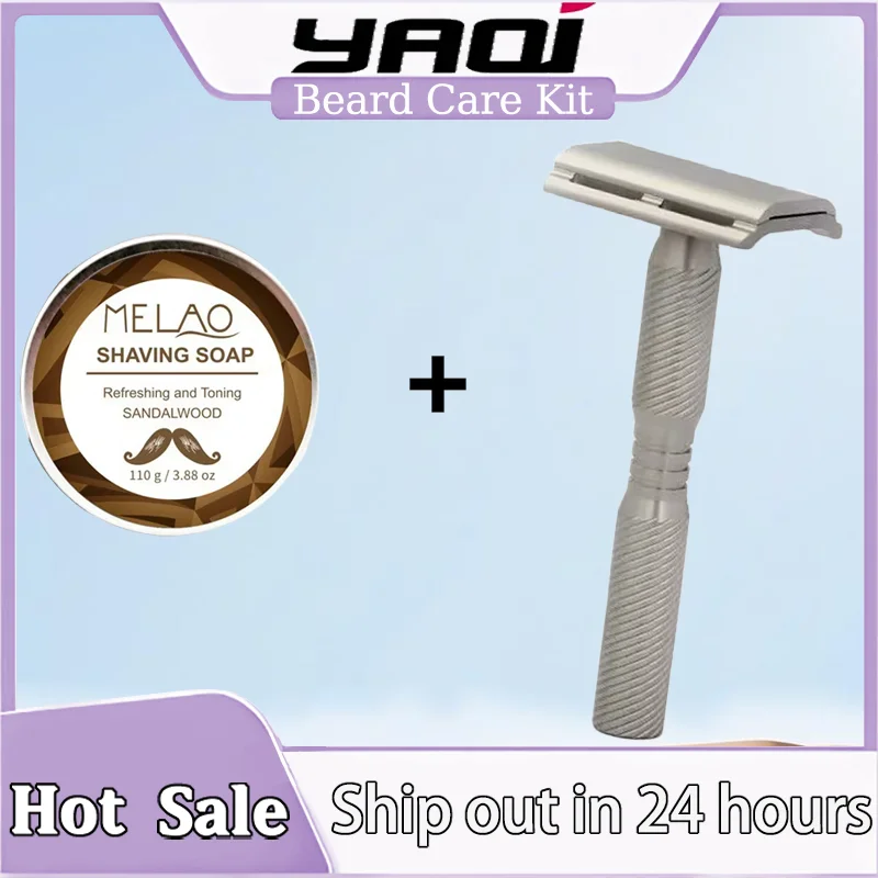 YAQI Ghost Multiple Thread Pattern티타늄 경량 안전 면도기 및 백단향 비누 세트 남성용 럭셔리 그루밍 필수품