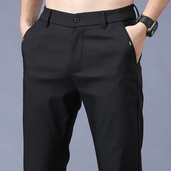 2022 Summer Pants Men Thin Light Stretch Business Casual Slim Fit Trousers Male Elastic Waist Solid Khaki Black Green Long Pants