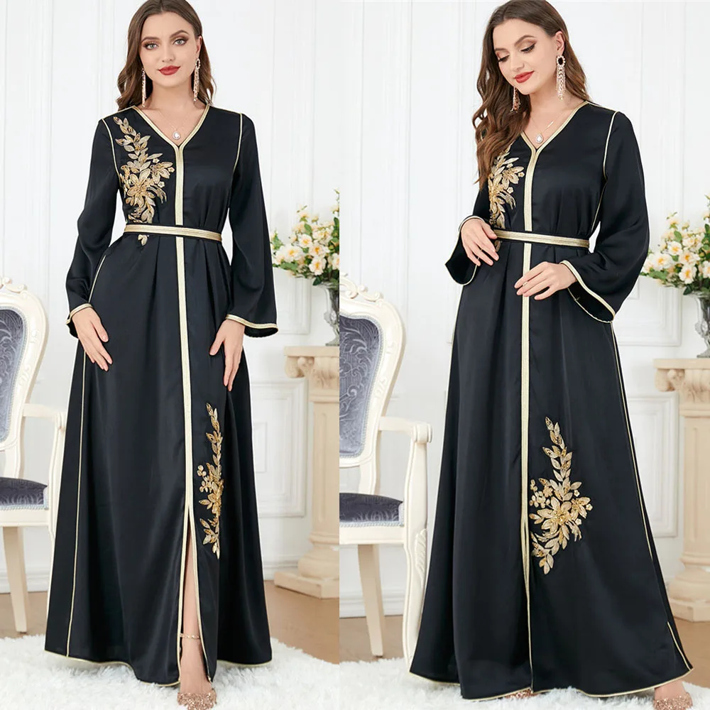 

Floral Embroidery Beads Belted Dress Elegant V-nek Long Dresses Evening Party Black Abaya Muslim Women Clothing Ramadan Islamic