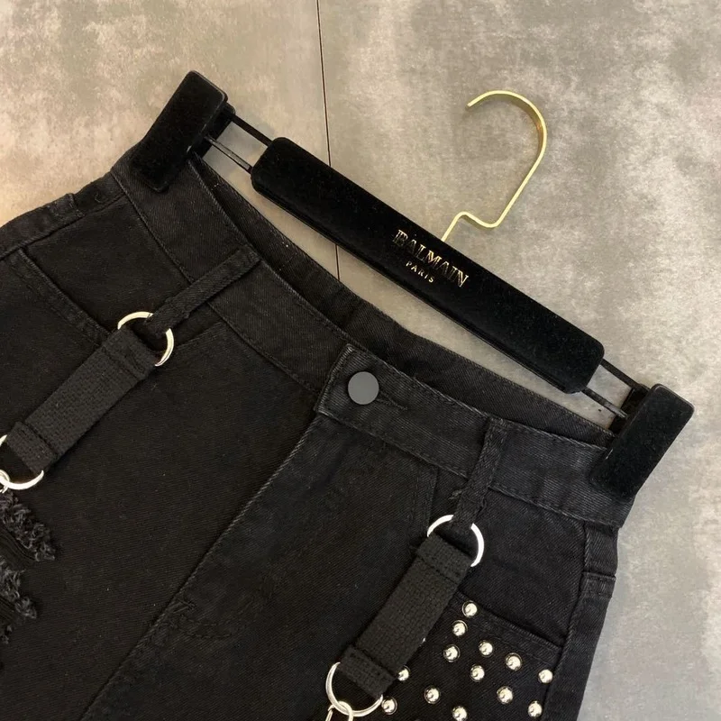 Female Beading Shoulder Strap Trend Shorts Burrs Tassel Short Jeans 2024 Spring Summer Women Black Casual Fashion Denim Shorts