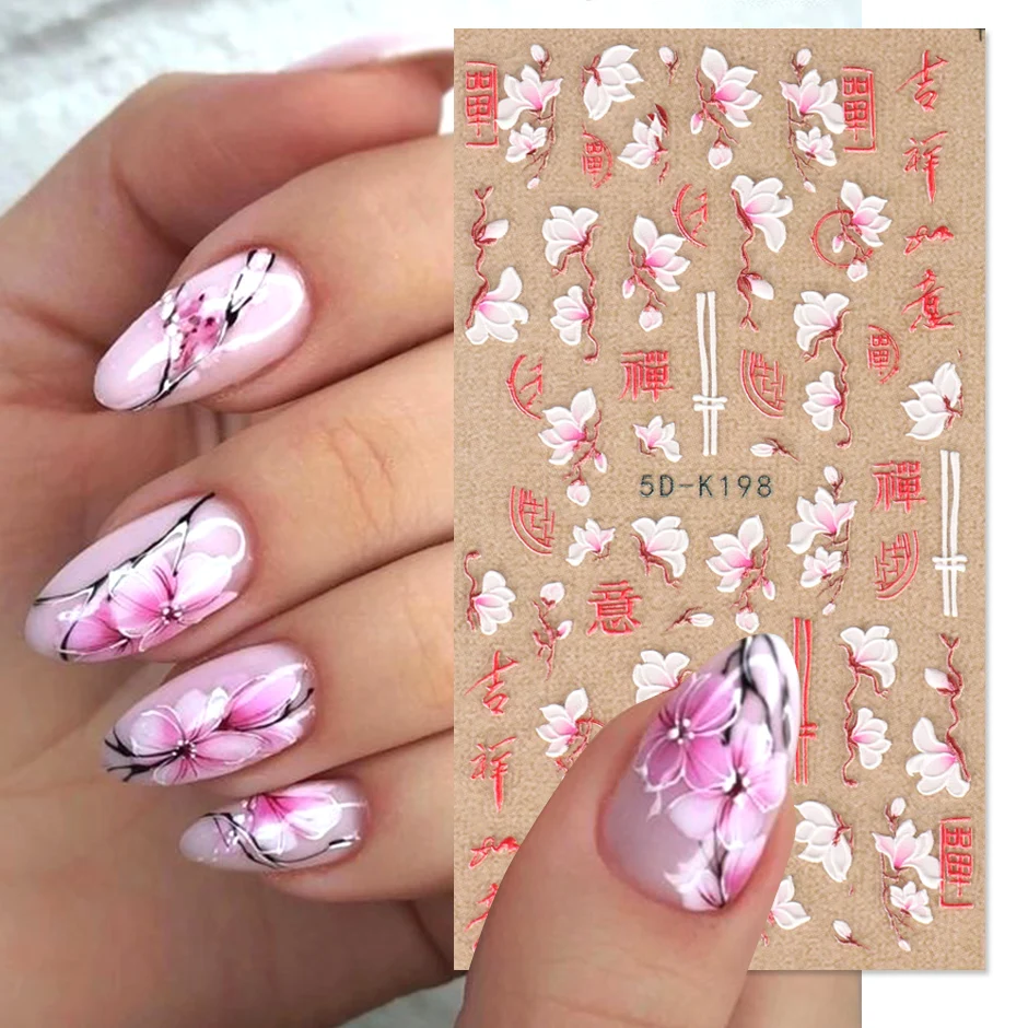 5d Spring Cherry Blossom Embossed Nail Stickers Acrylic White Flower Chinese Letter Textured