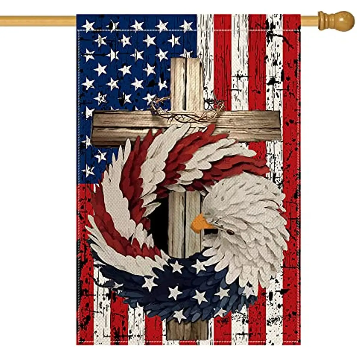 

New Patriotic Stars Stripes Eagle Wreath House Flag Double Sided Outside, USA 4th of July Memorial Day Independence Day