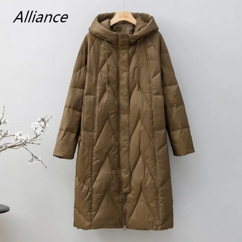 

2023 New Winter Women X-Length Down Jackets Hooded Loose Thickening Keep Warm Down Jacket Commute Fashion White Duck Coat Female