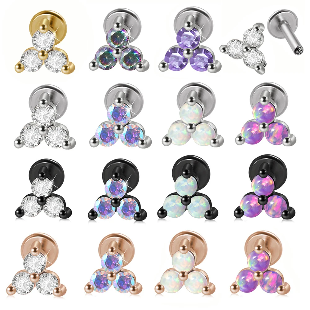 

12pcs/Lot Triangle Earring Helix Cartilage Couch Ear Lobe Stud Three Opal Zircon Internally Thread Labret Piercing Jewelry 16G