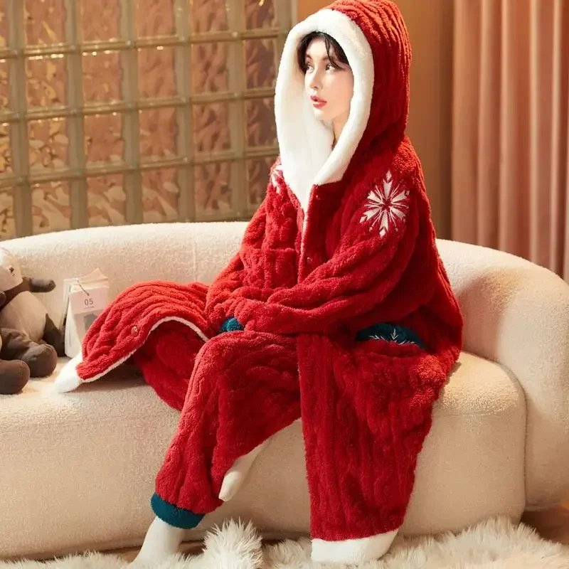 New Winter Women's Flannel Pajama Suit Coral Velvet Pajamas Long Nightgown Household Suit Plush Thicken Korean Fashion