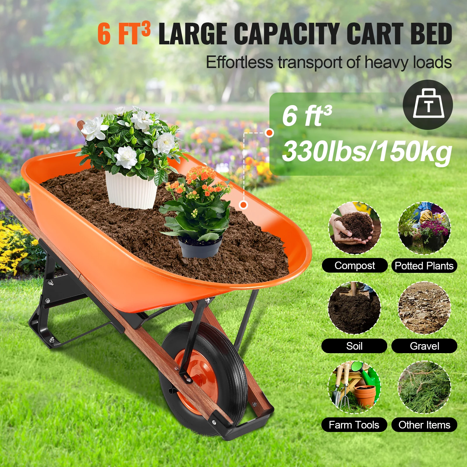 VEVOR Wheelbarrow Cart 330 lbs Capacity One Wheel Garden Dump Cart Wheel Barrow with Handle & 16" Wide Track Wheels for Farm