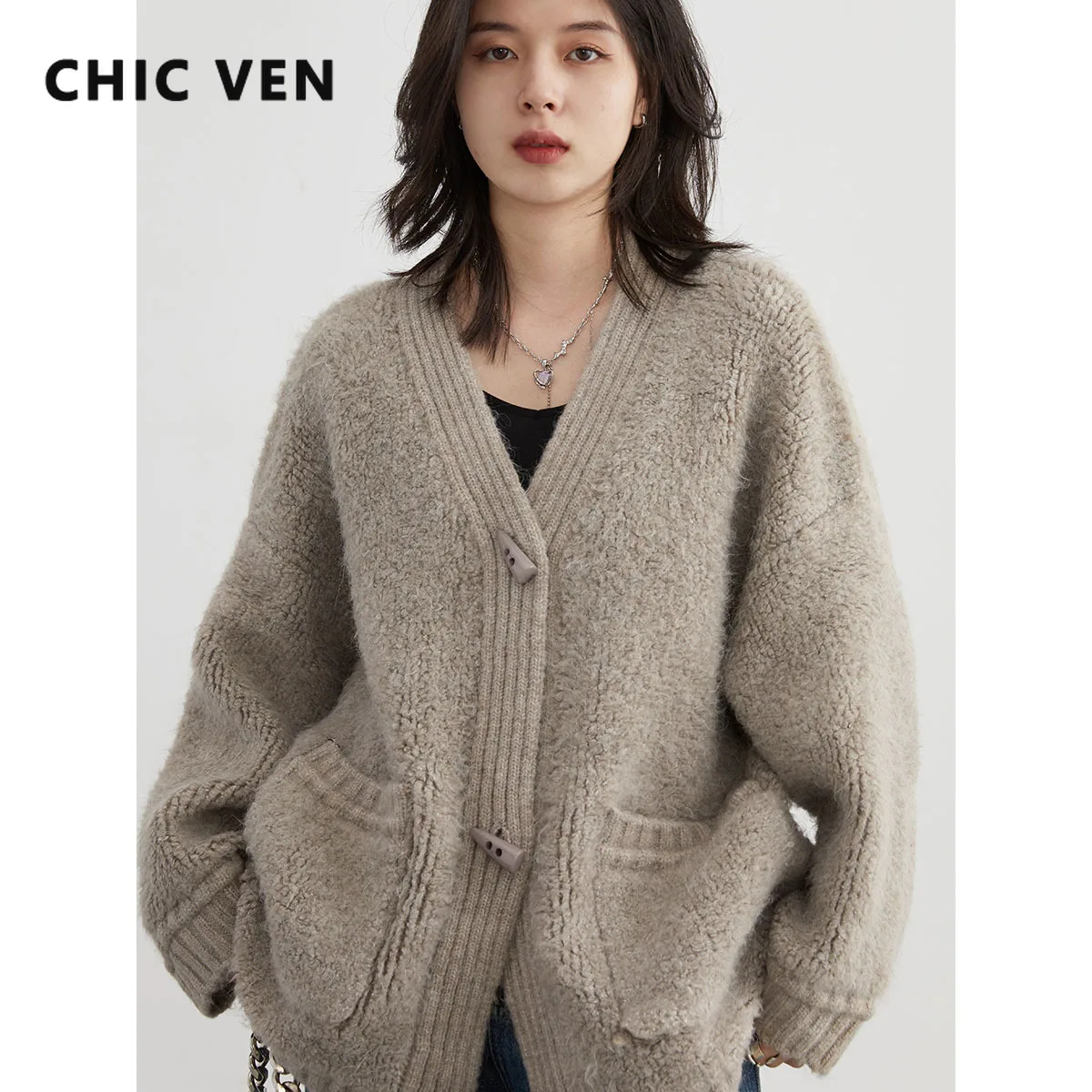 CHIC VEN 한국 여성 루즈 V넥 가디건, 여성 니트웨어, 두껍고 따뜻한 패션 스웨터, 여성 니트 점퍼, 가을 겨울 2024