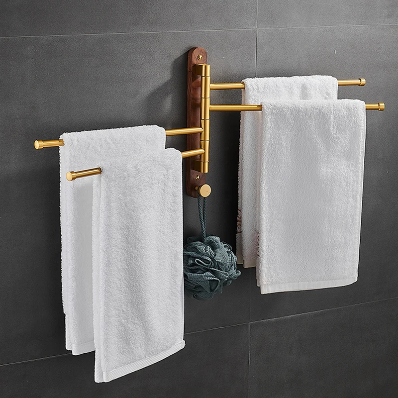 Innovative Wood Rotary Towel Hanger Waterproof Brushed Gold Towel Bar Wall Mounted Folding Bathroom Holder Clothes Hanger